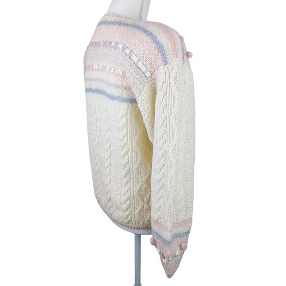 Jennifer Reed SZ S VTG Knitted By Hand Wool Cable Knit Popcorn Satin Sweater NWT - Picture 6 of 8